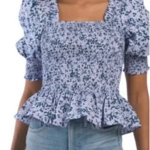 Cece Floral Puff Sleeve Smocked Peplum Top Size M